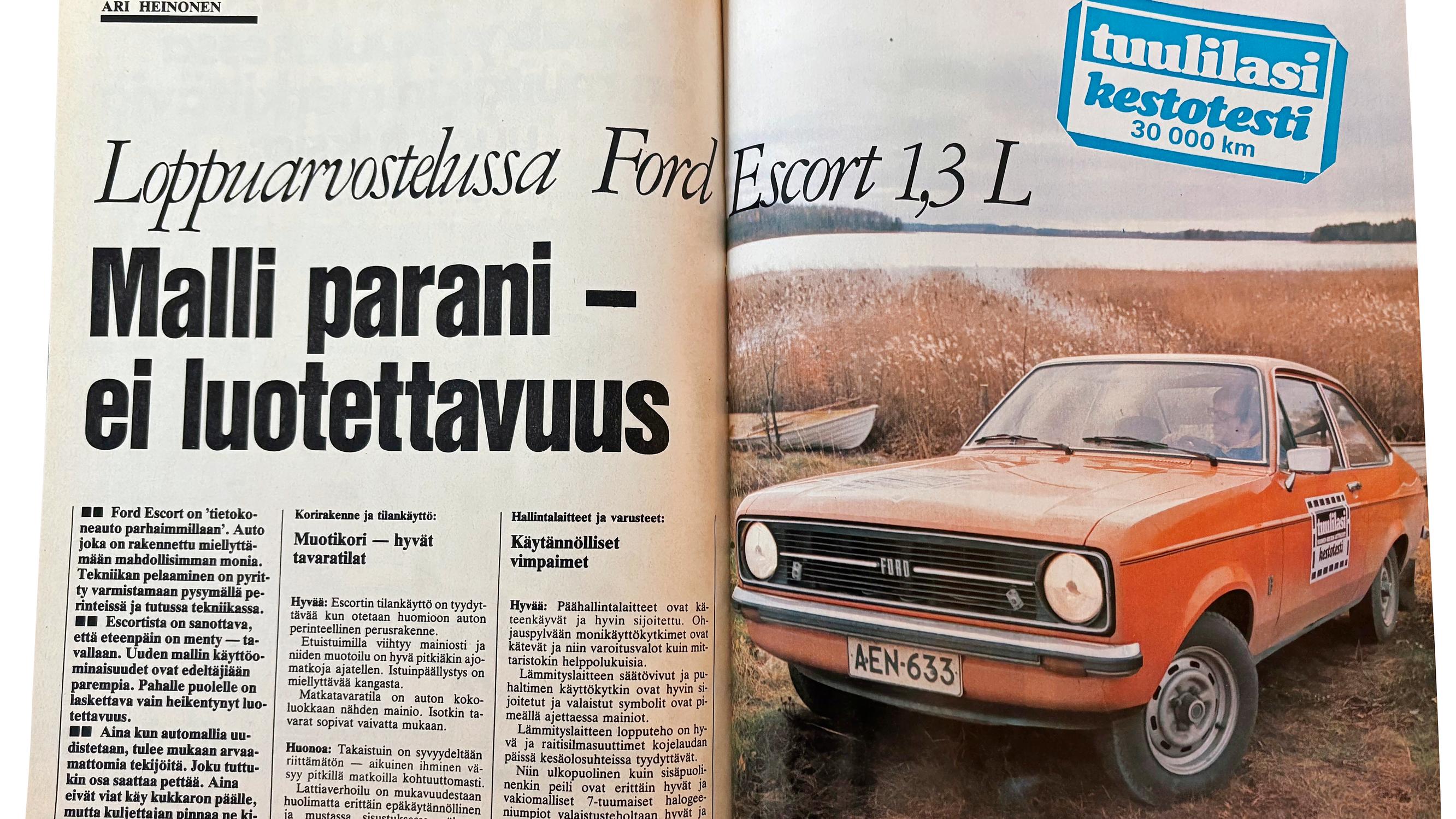 ”Virranjakajan laakeri oli vahingoittunut ja nokka-akseli katkennut” – Tuulilasin kestotestissä 1975 Ford Escort 1,3 L