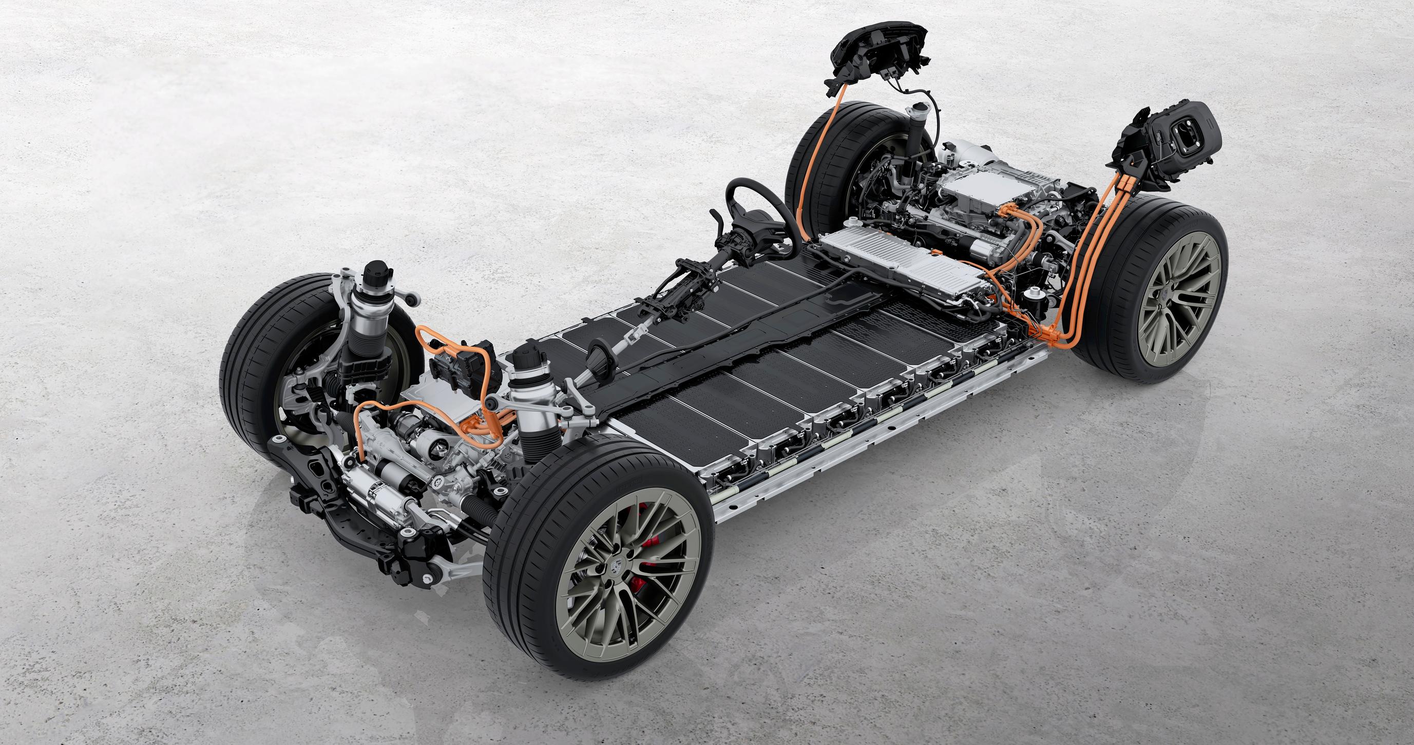 Porsche Cayenne Electricin akusto teknisessä kuvassa: Painava akku vakauttaa autoa. Lisäksi mukautuvassa iskunvaimennuksessa on korkeajännitteellä toimiva moottoripumppu, joka säätää kaikkia iskareita erikseen.