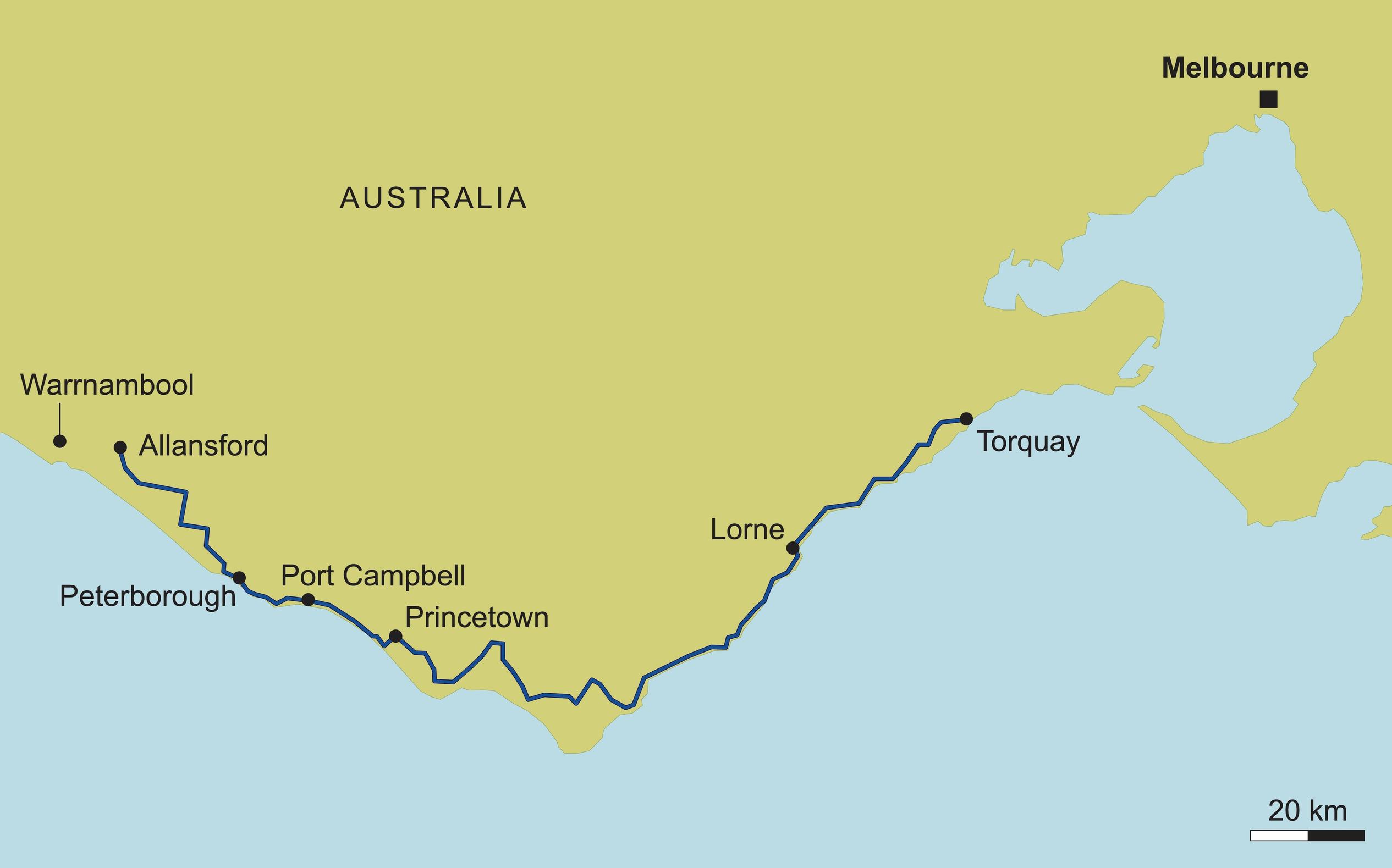 Great Ocean Roadin kartta: Matkailijaystävällinen roadtrip koostuu lyhyistä etapeista, jolla on tiheästi sijoitettuja pysähdyksiä ja selkeästi rytmitetty reitti.