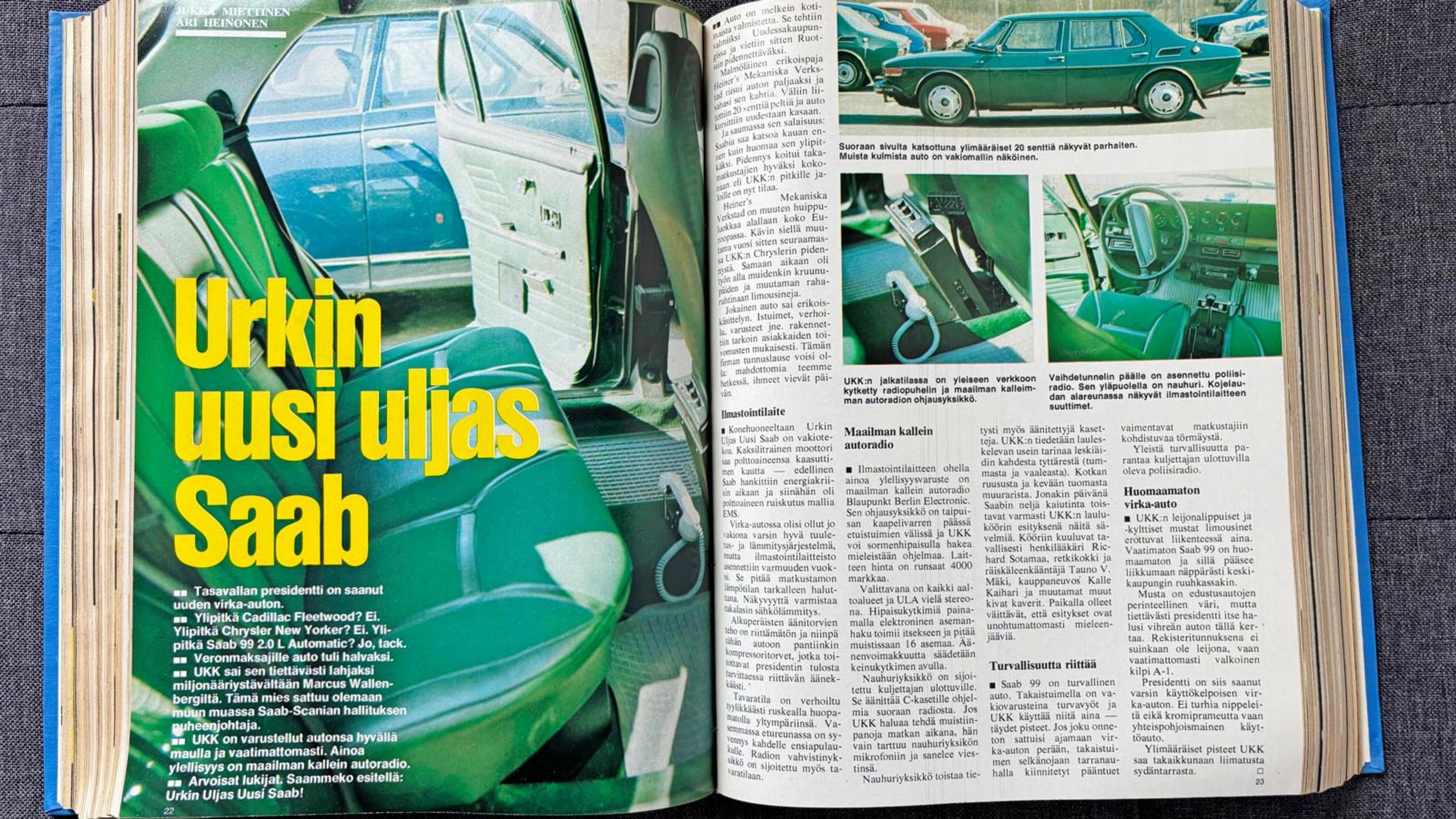 Urho Kekkosen uusi virka-auto – ”Takaistuimilla on vakio-varusteina turvavyöt ja UKK käyttää niitä aina – täydet pisteet!” 