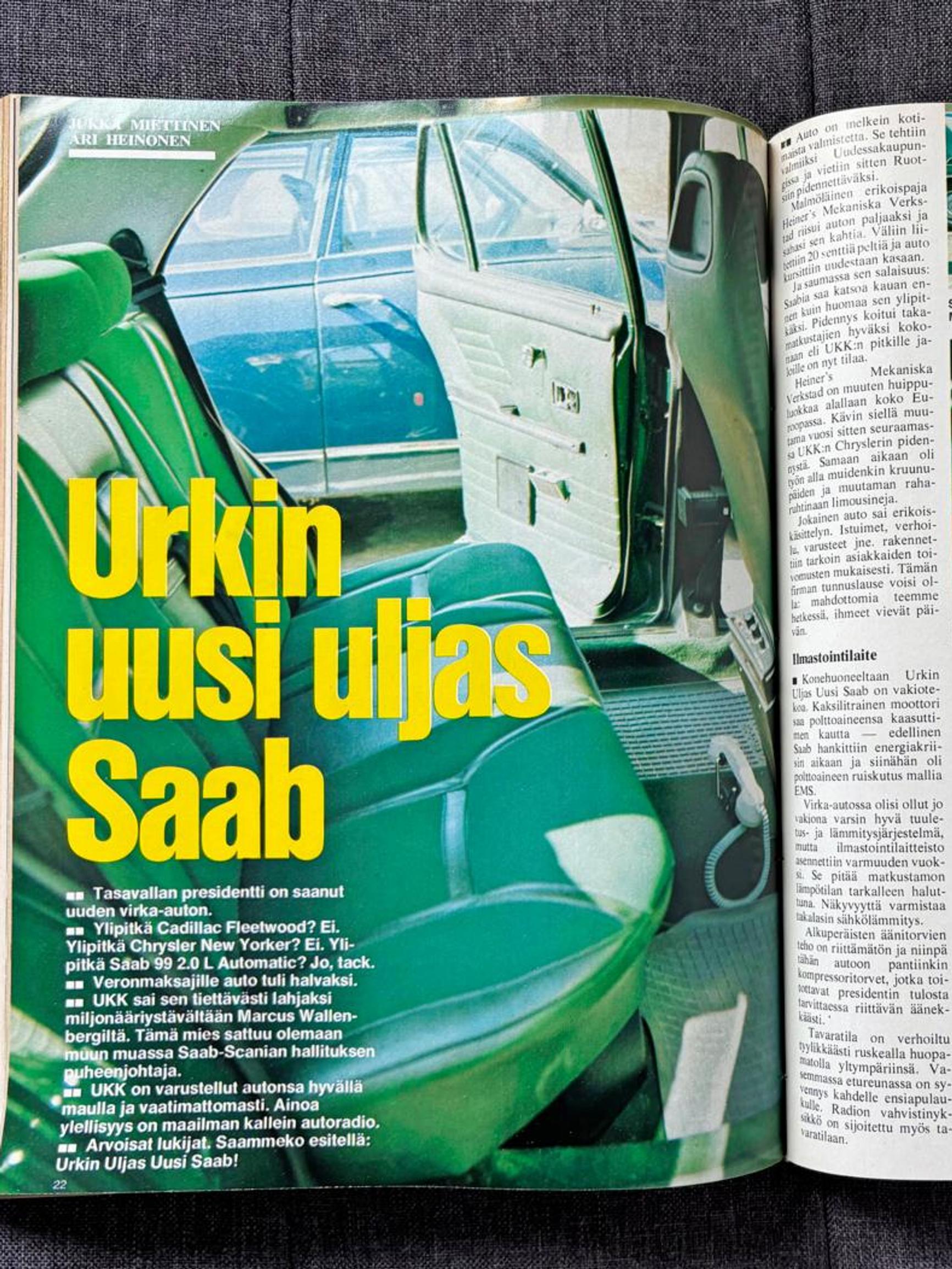 Urho Kekkosen uusi virka-auto – ”Takaistuimilla on vakio-varusteina turvavyöt ja UKK käyttää niitä aina – täydet pisteet!” 