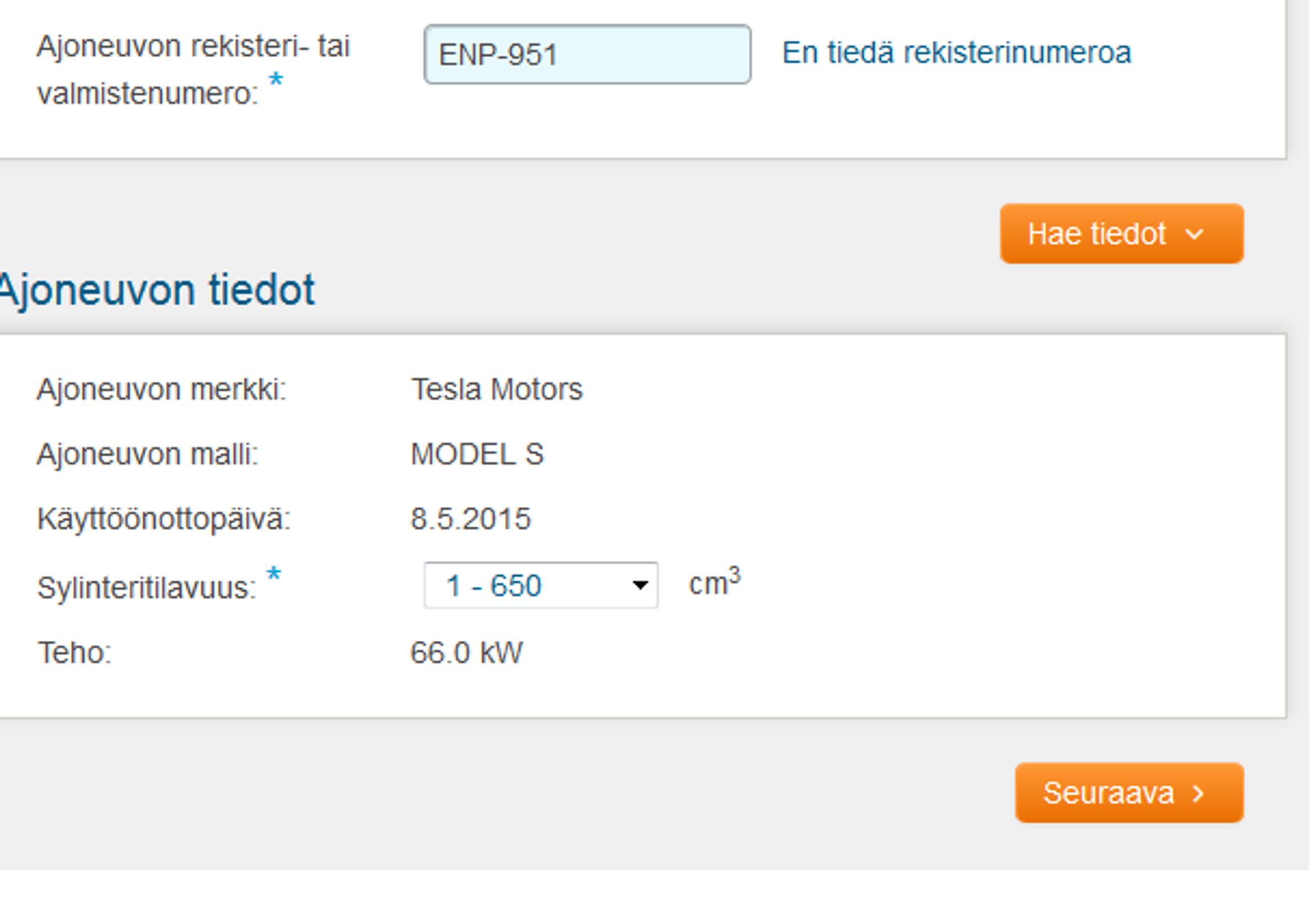 Teslan vakuutusmaksu: noin 1700 € (pienillä lv-bonuksilla)