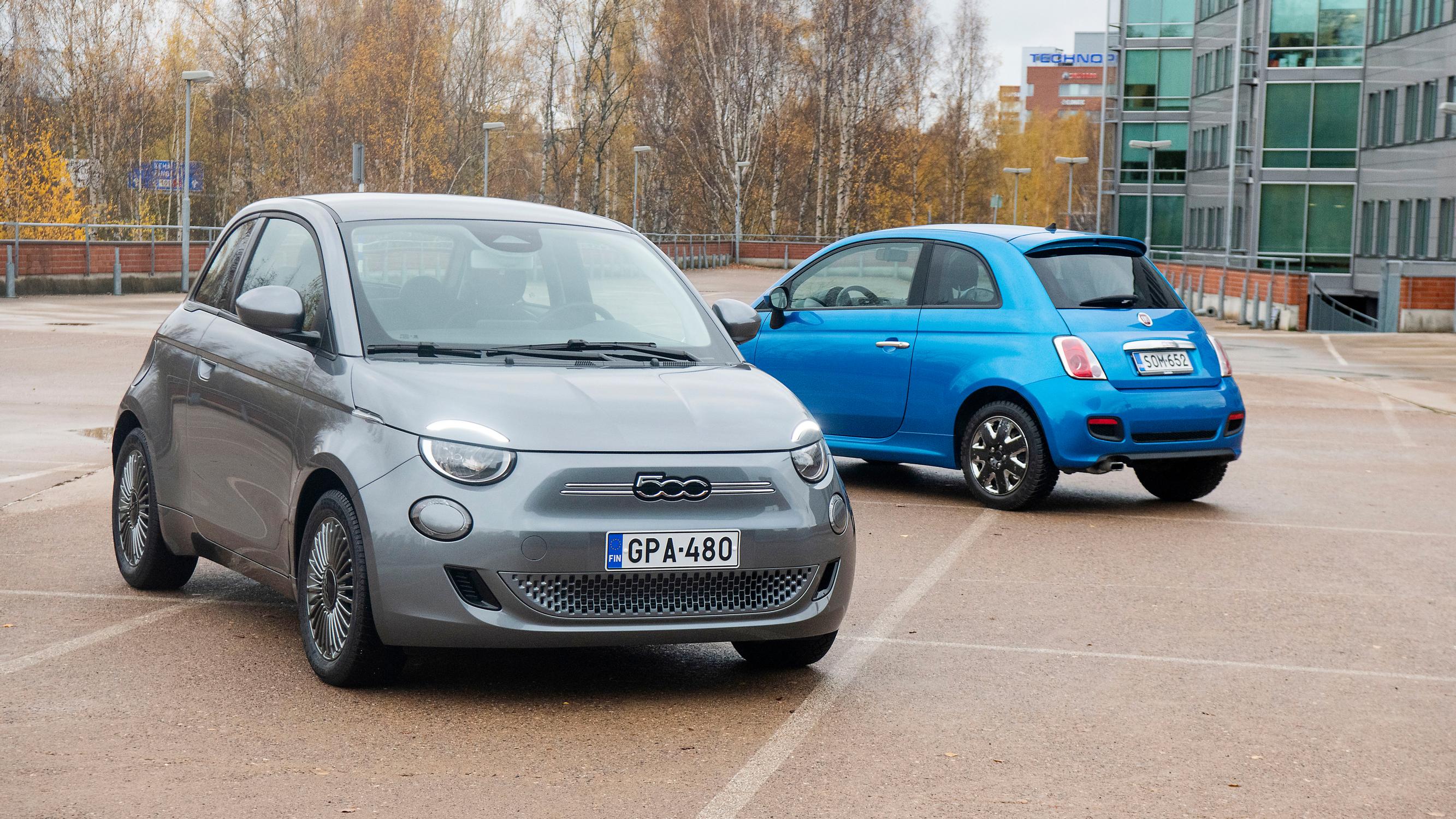 Vertailussa Fiat 500E ja Fiat 500 vm. 2015 – Sähköinen 500E painii ominaisuuksiltaan aivan eri sarjassa kuin vanhempi bensakone