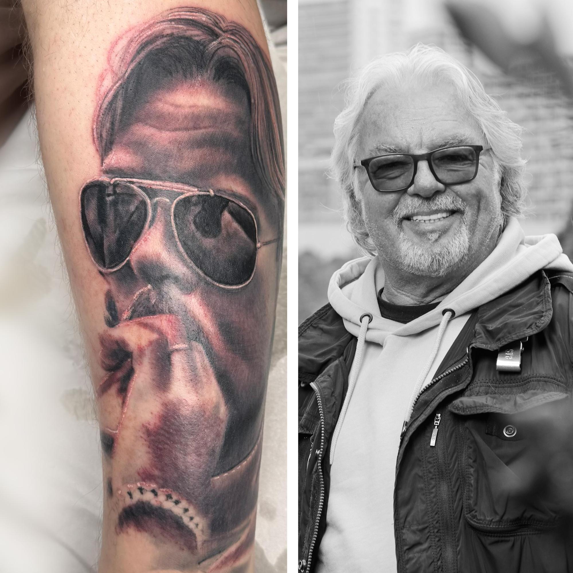 Tässäkö Suomen suurin Keke Rosberg -fani? Tuomas Rajalan pohkeessa komeilee valtava kuva formulalegendasta