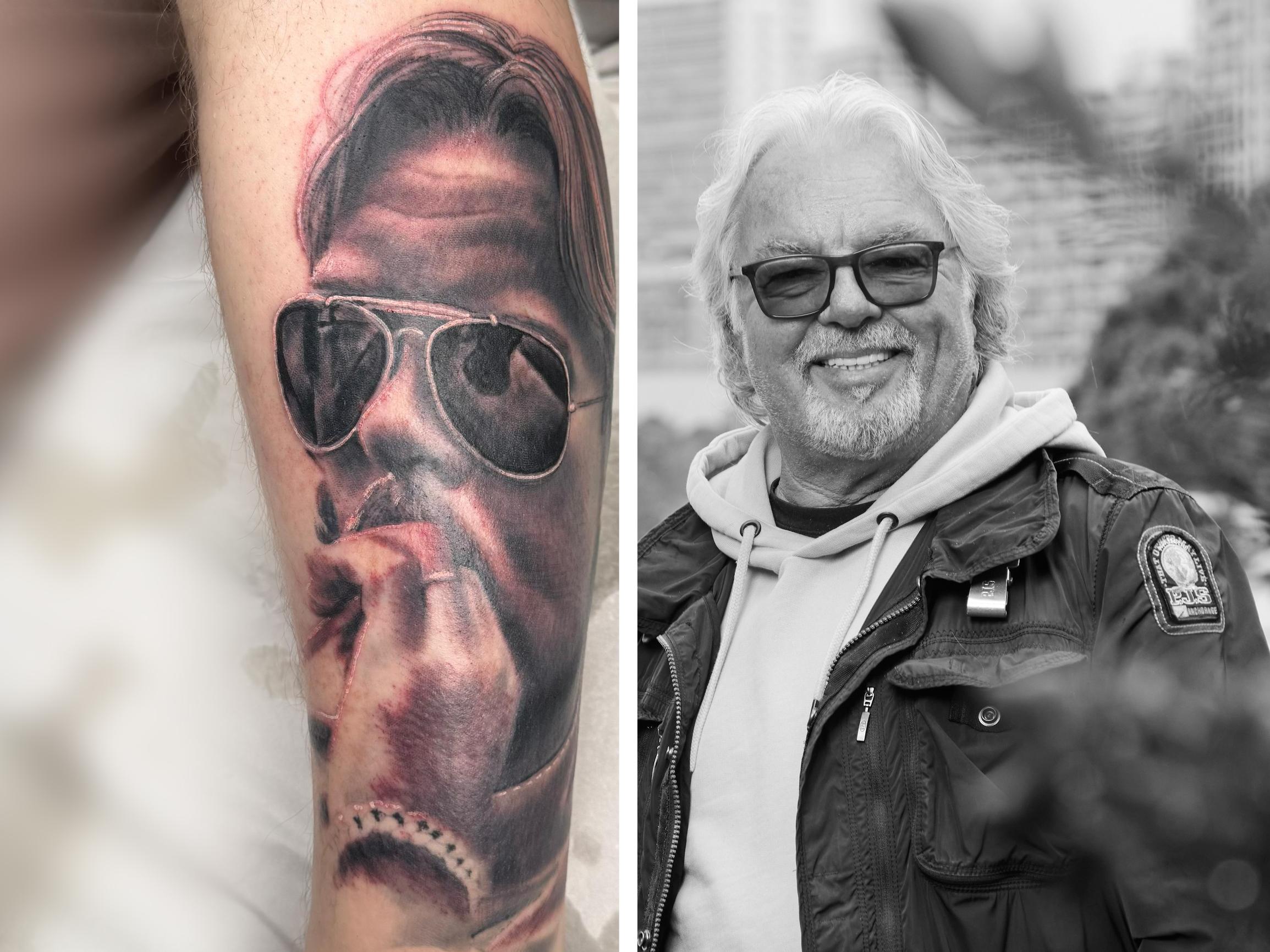 Tässäkö Suomen suurin Keke Rosberg -fani? Tuomas Rajalan pohkeessa komeilee valtava kuva formulalegendasta