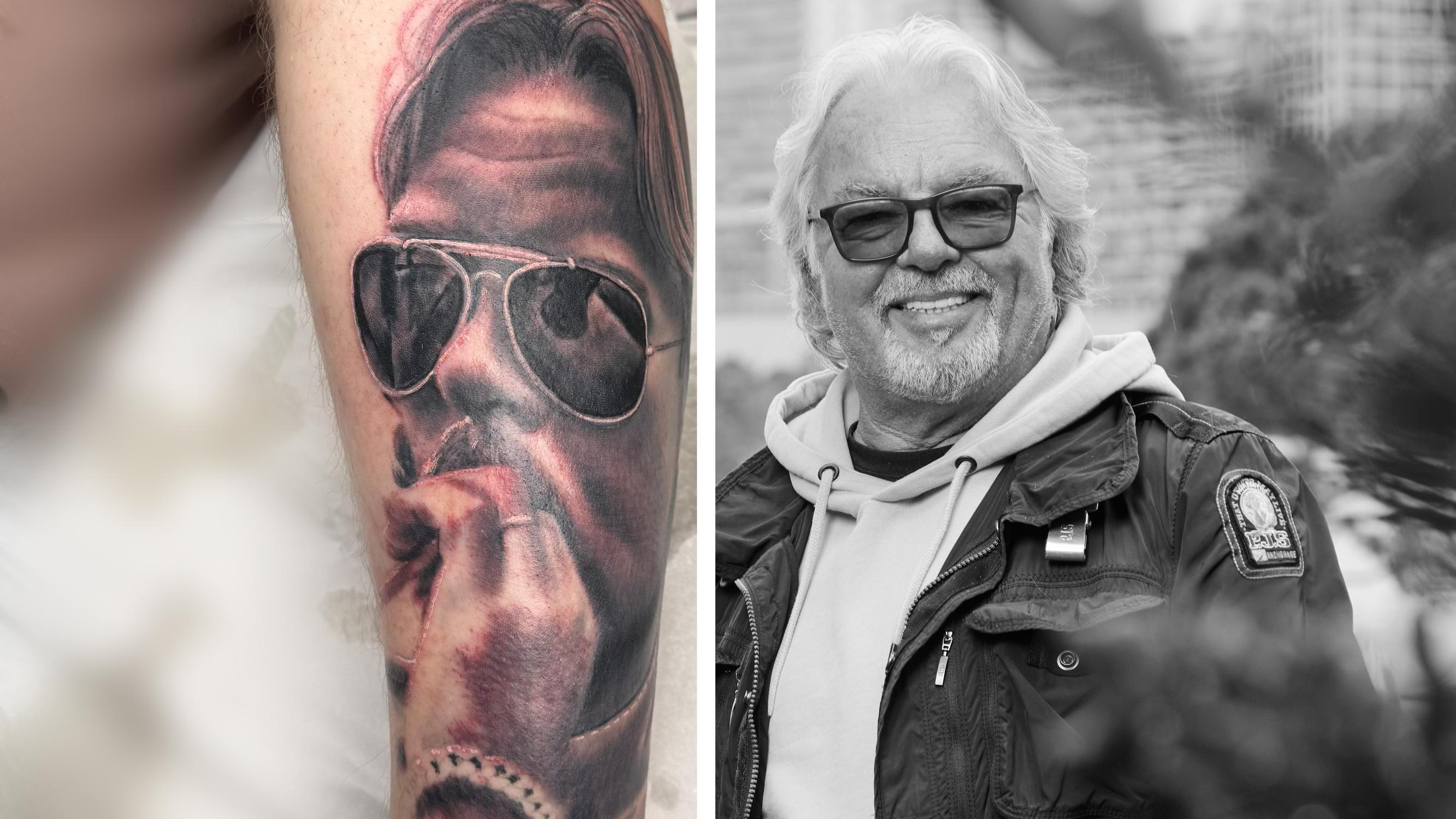 Tässäkö Suomen suurin Keke Rosberg -fani? Tuomas Rajalan pohkeessa komeilee valtava kuva formulalegendasta