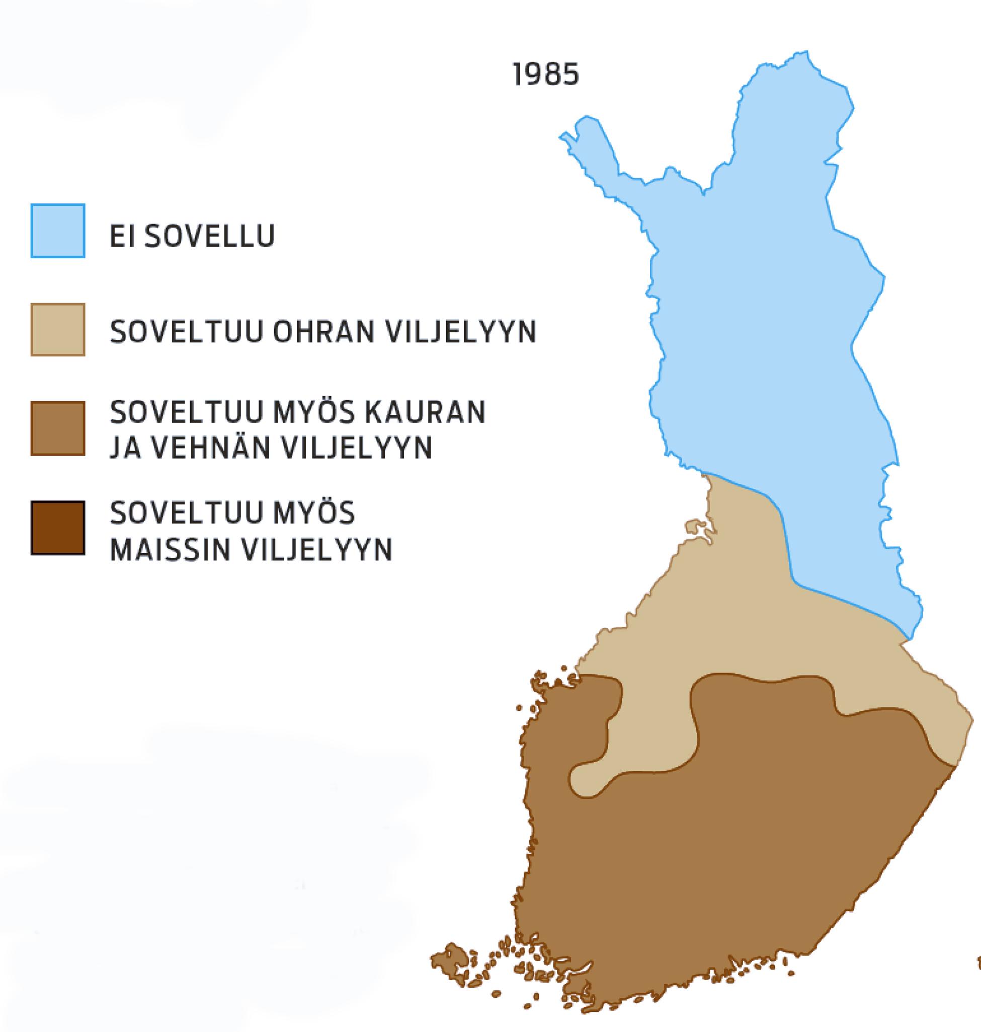 Maatalous ja ilmastonmuutos. Kasvuvyöhyke Suomessa vuonna 1985 ja sen jälkeen.