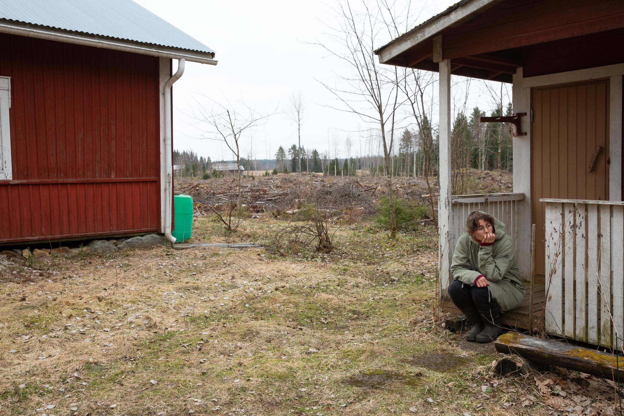 Pihapiiri nyt. Mökkinsä saunarakennuksen kuistilla Jennalla oli tapana tuijotella metsän reunaan ja kuunnella lintujen laulua.