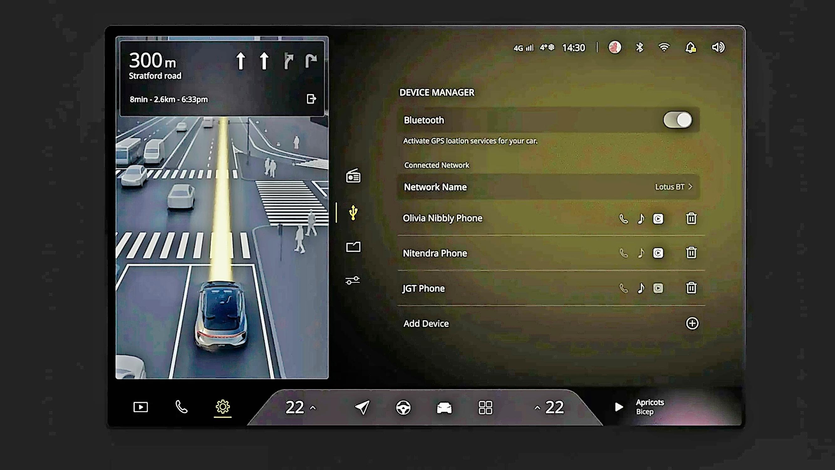 Lisätty todellisuus ja liikenneturvallisuus: Lotus Eletressä kojelaudan kosketusnäytössä näkyy reaaliaikainen kuva auton ympäristöstä samaan tapaan kuin tietokonepelissä.