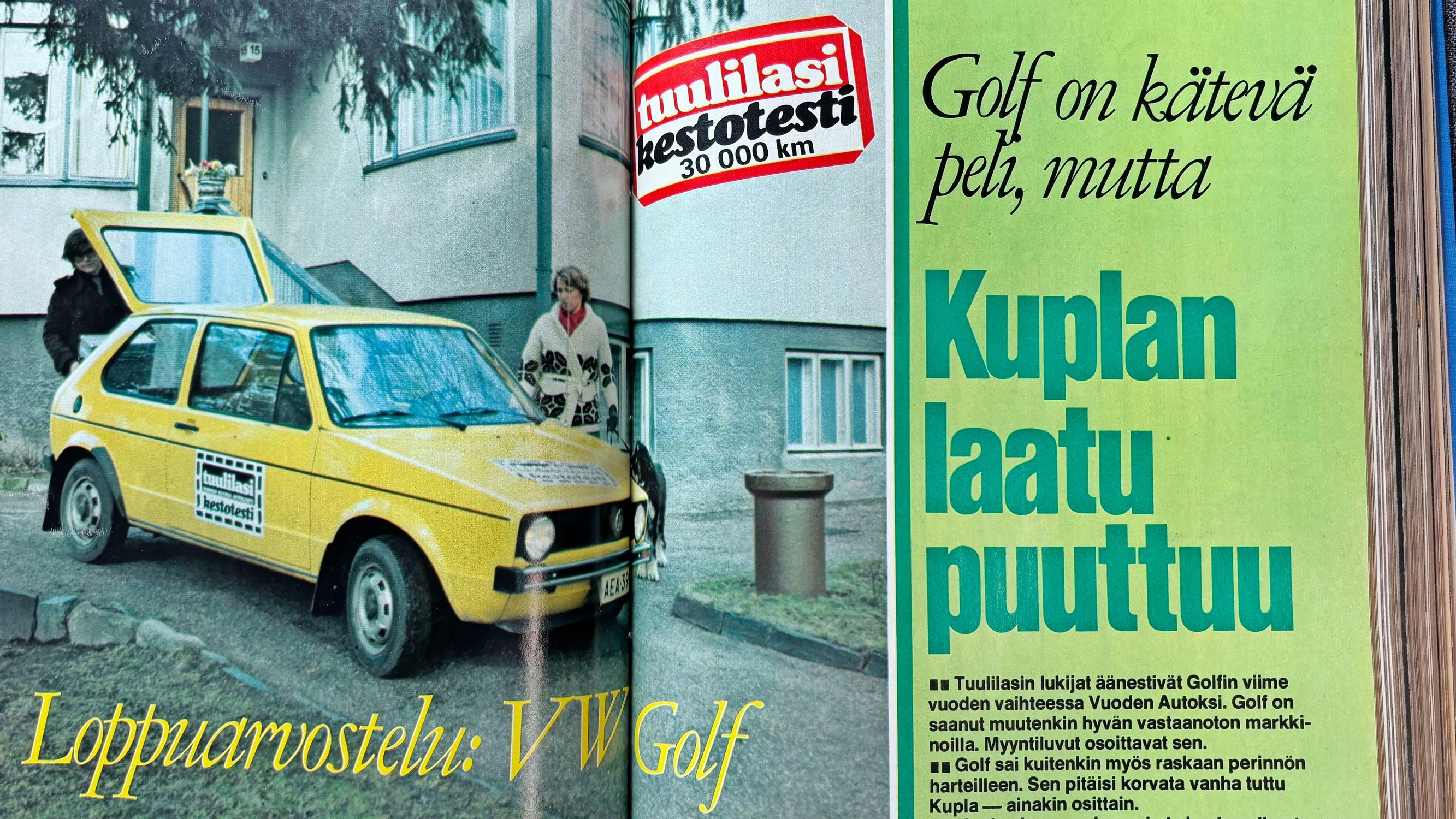 Vuoden 1975 testissä Volkswagen Golf: ”Kolinaa, kilinää ja räminää – omistajan on parasta opetella sähkölaitteiden kuivaamisen taito”