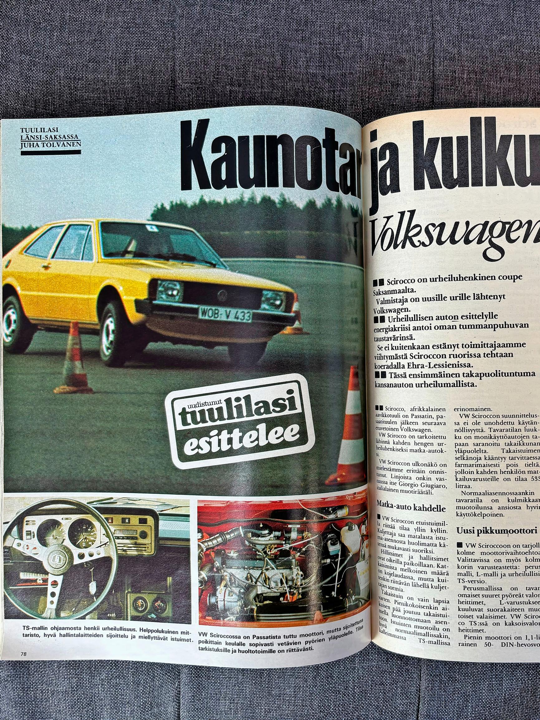 Tuulilasi 1974: ”Scirocco on ajamisesta nauttivan auto, sopivasti urheilullinen, mutta oletettavasti vähäruokainen” – Ensikoeajolla Länsi-Saksassa 