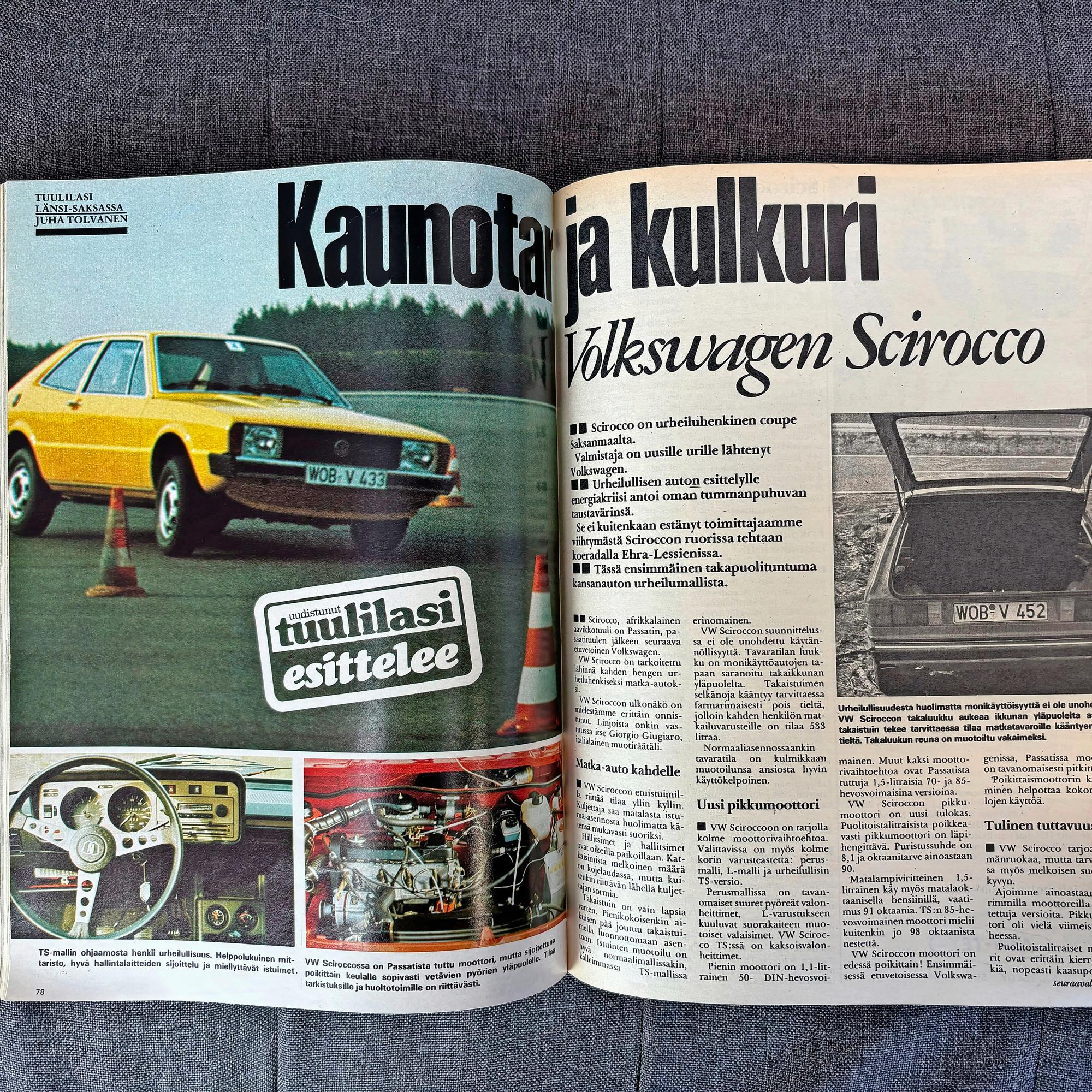 Tuulilasi 1974: ”Scirocco on ajamisesta nauttivan auto, sopivasti urheilullinen, mutta oletettavasti vähäruokainen” – Ensikoeajolla Länsi-Saksassa 