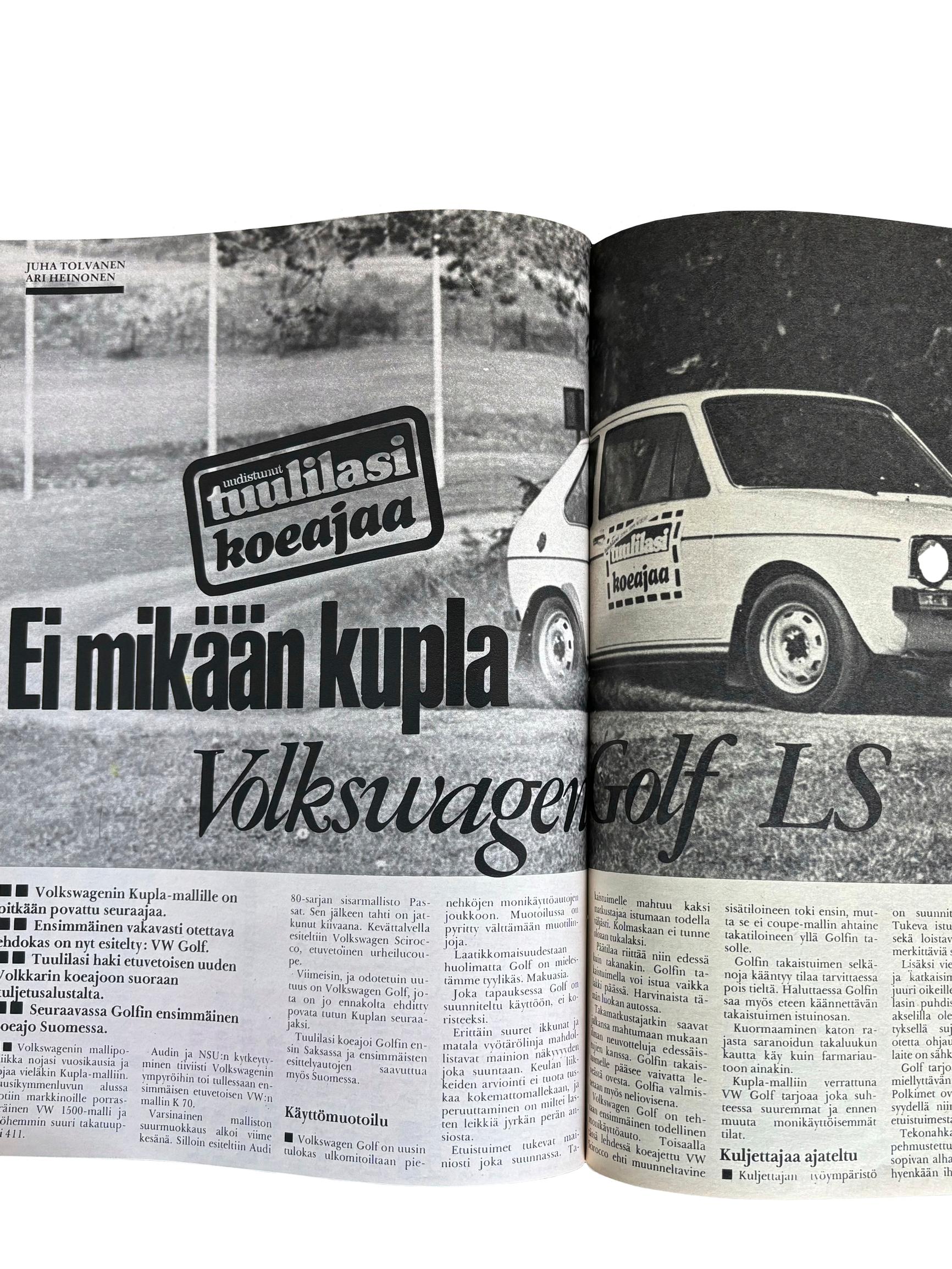 Tuulilasi 1974: Ensitestissä Volkswagen Golf – ”Kun 780 kiloa painavaan autoon asennetaan 1,5-litrainen ja 70-hevosvoimainen tehopakkaus, voi odottaa melkoista suorituskykyä”