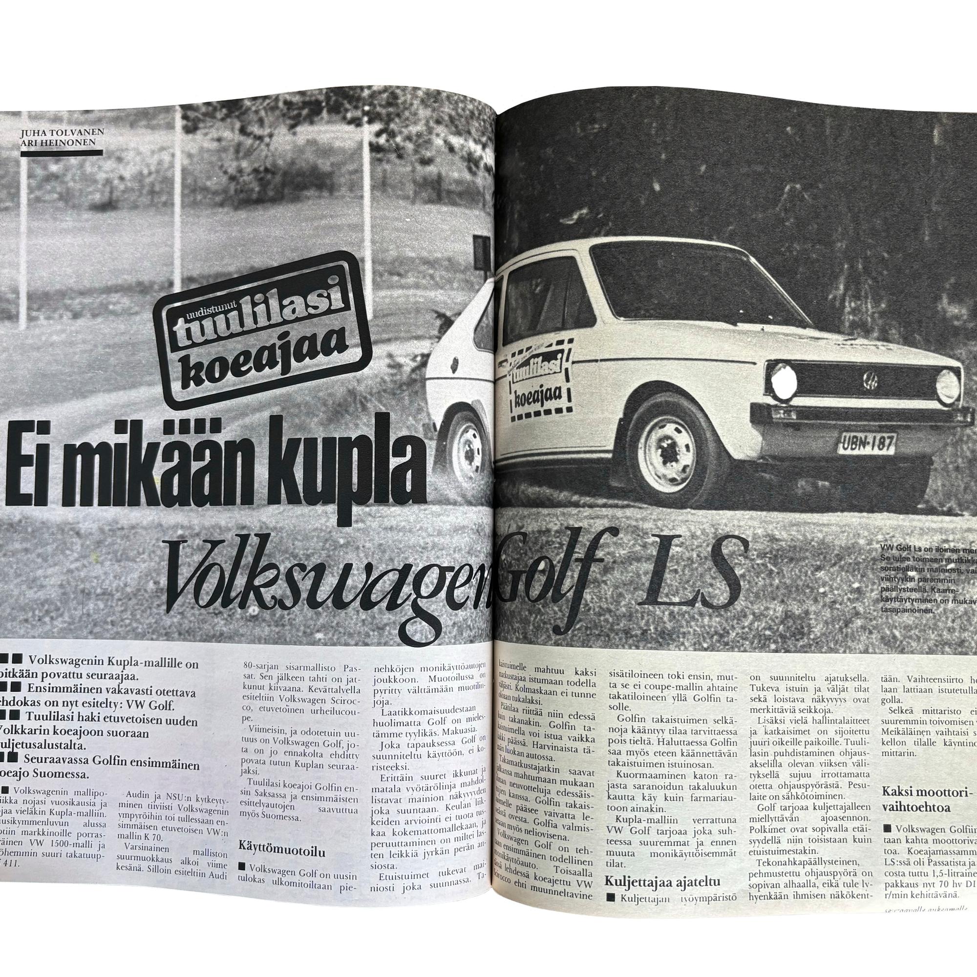 Tuulilasi 1974: Ensitestissä Volkswagen Golf – ”Kun 780 kiloa painavaan autoon asennetaan 1,5-litrainen ja 70-hevosvoimainen tehopakkaus, voi odottaa melkoista suorituskykyä”