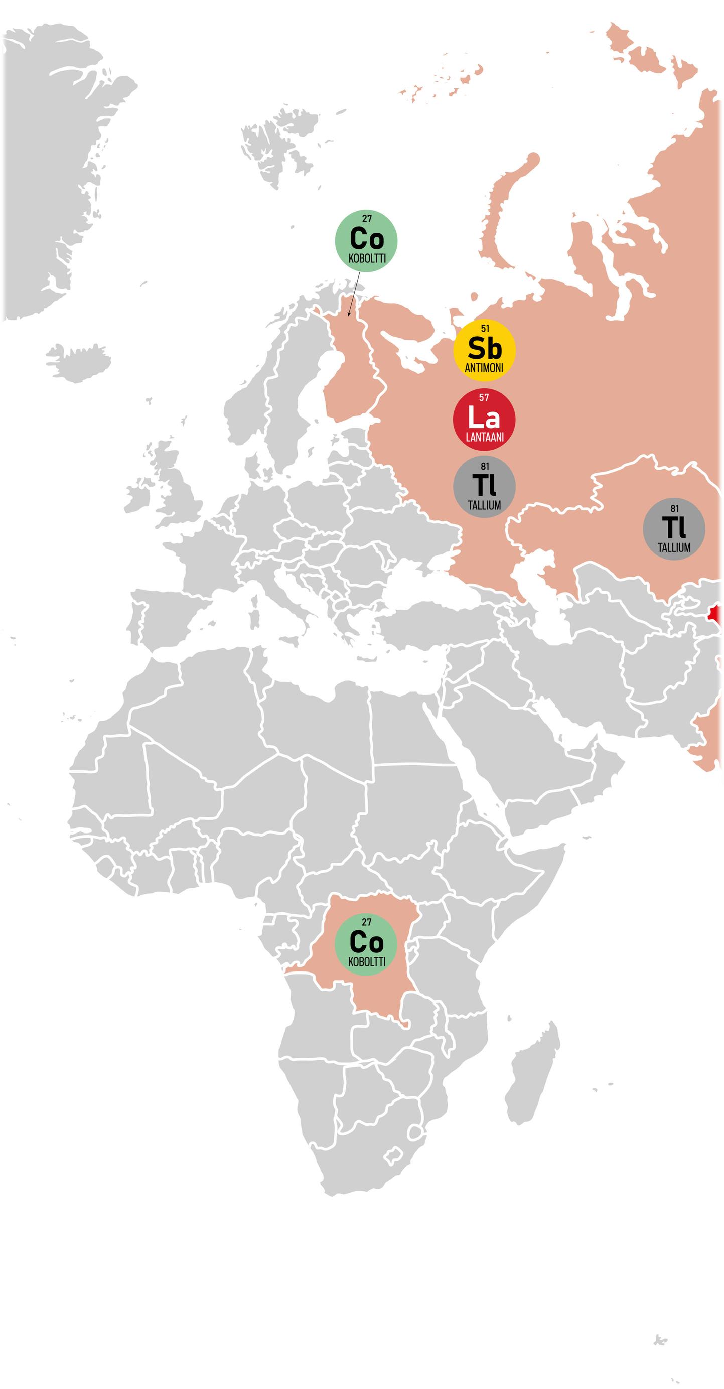 Harvinaiset maametallit, kartta Eurooppa ja Afrikka.