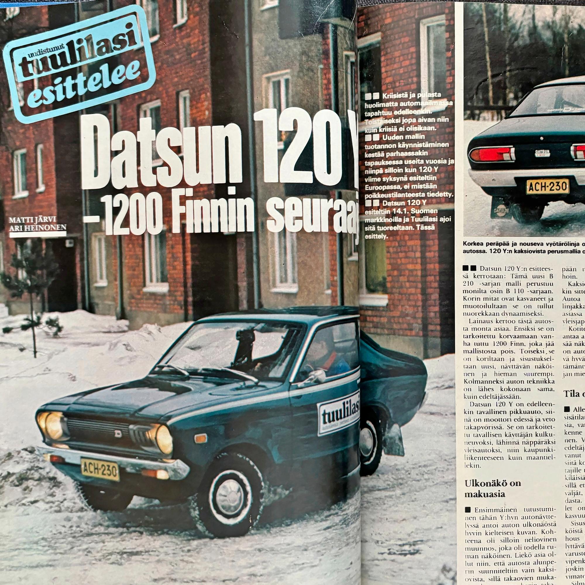 Tuulilasi 1974 esitteli Datsun 120 Y -uutuusmallin: ”50 kilon hiekkasäkki tavaratilaan palautti liikkumiskyvyn”