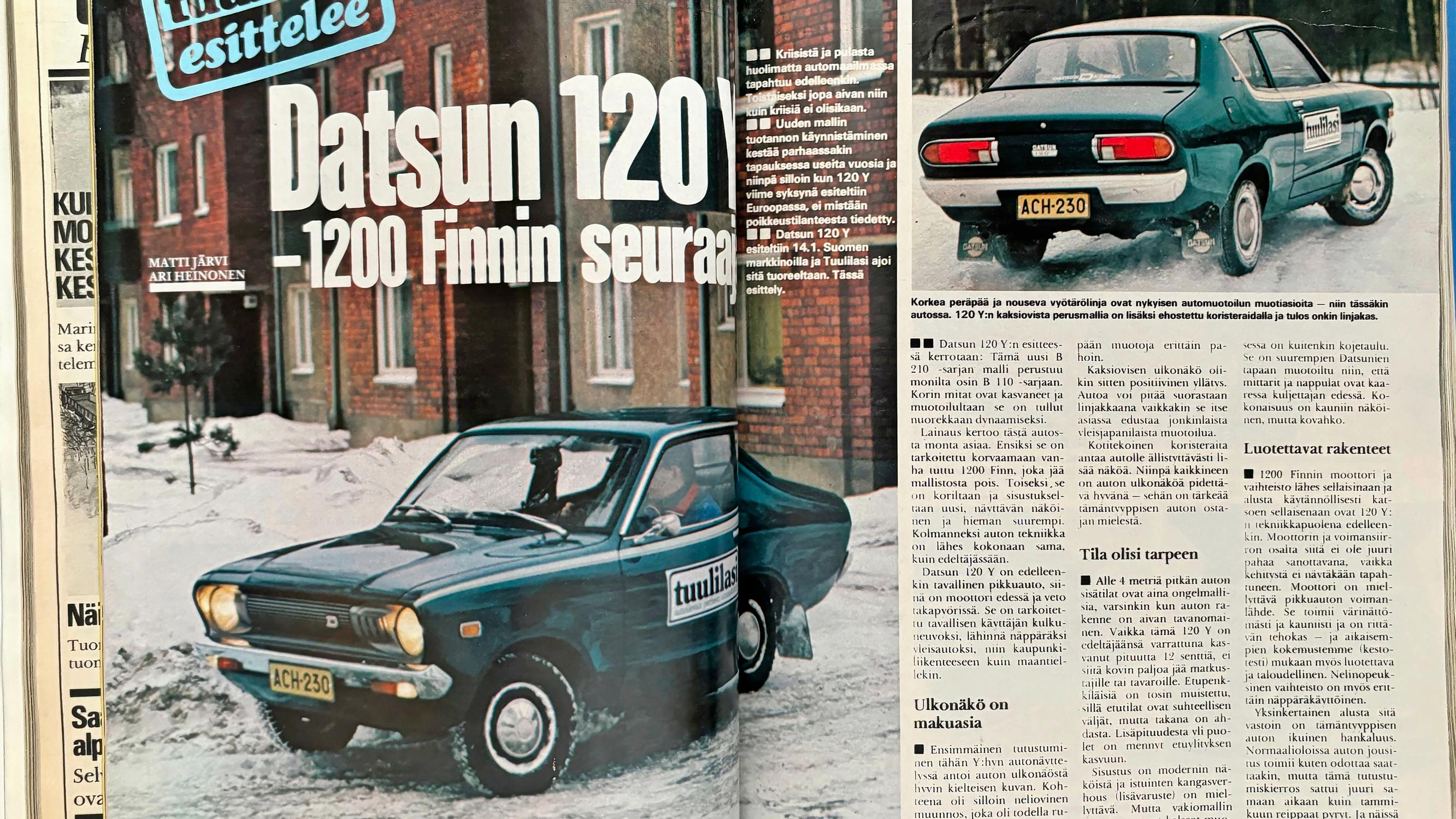 Tuulilasi 1974 esitteli Datsun 120 Y -uutuusmallin: ”50 kilon hiekkasäkki tavaratilaan palautti liikkumiskyvyn”