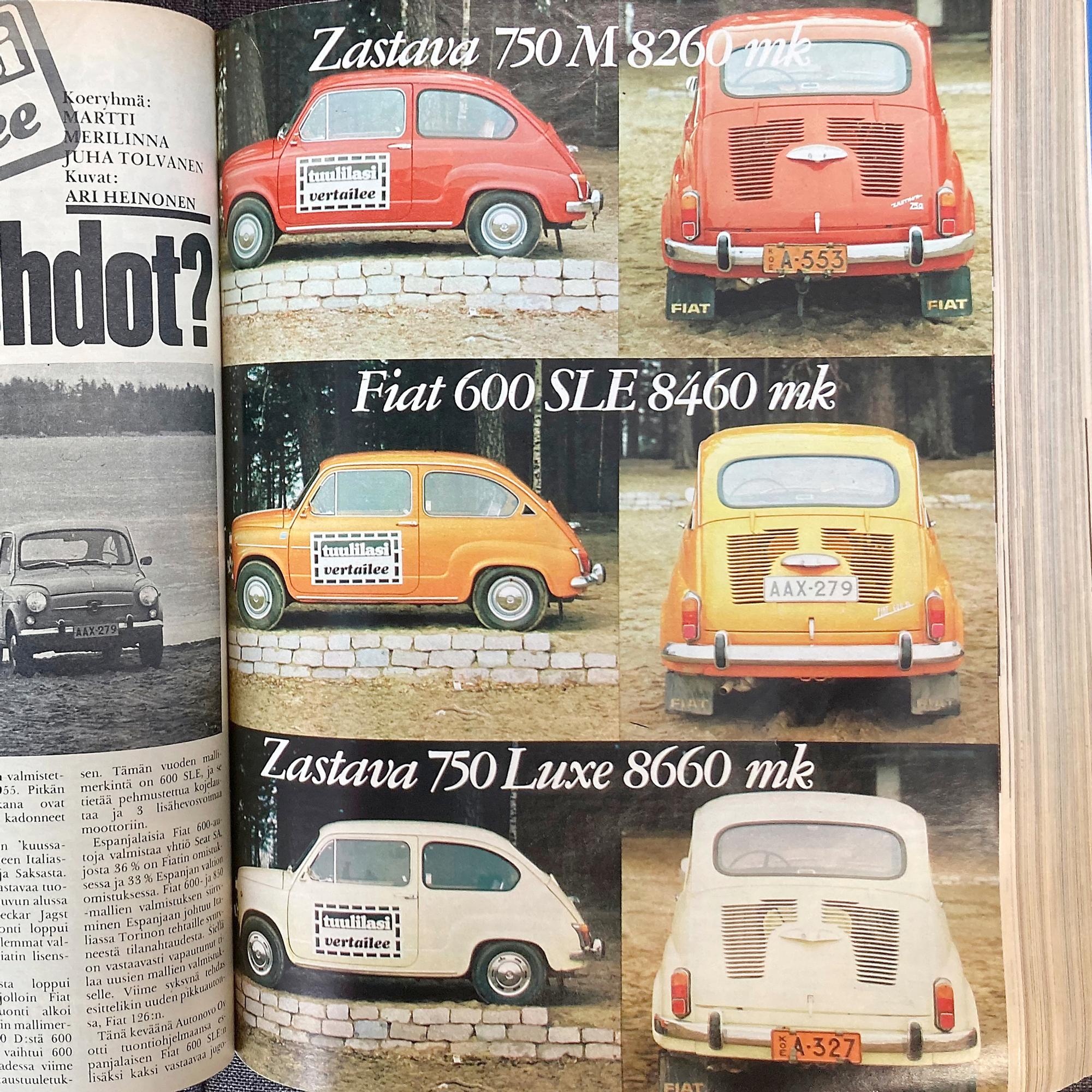 Tuulilasin 5/1973 vertailussa Fiat 600 ja Zastava 750 – ”Pienet polkimet vaativat jo 42 numeron kenkiä käyttävältä miltei urkurin tarkkuutta”