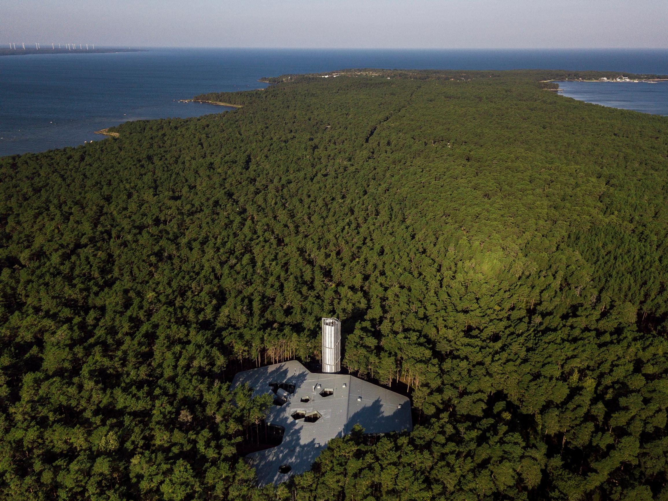 Arvo Pärt -keskus on rakennettu meren rannikolle, mäntymetsän keskelle.