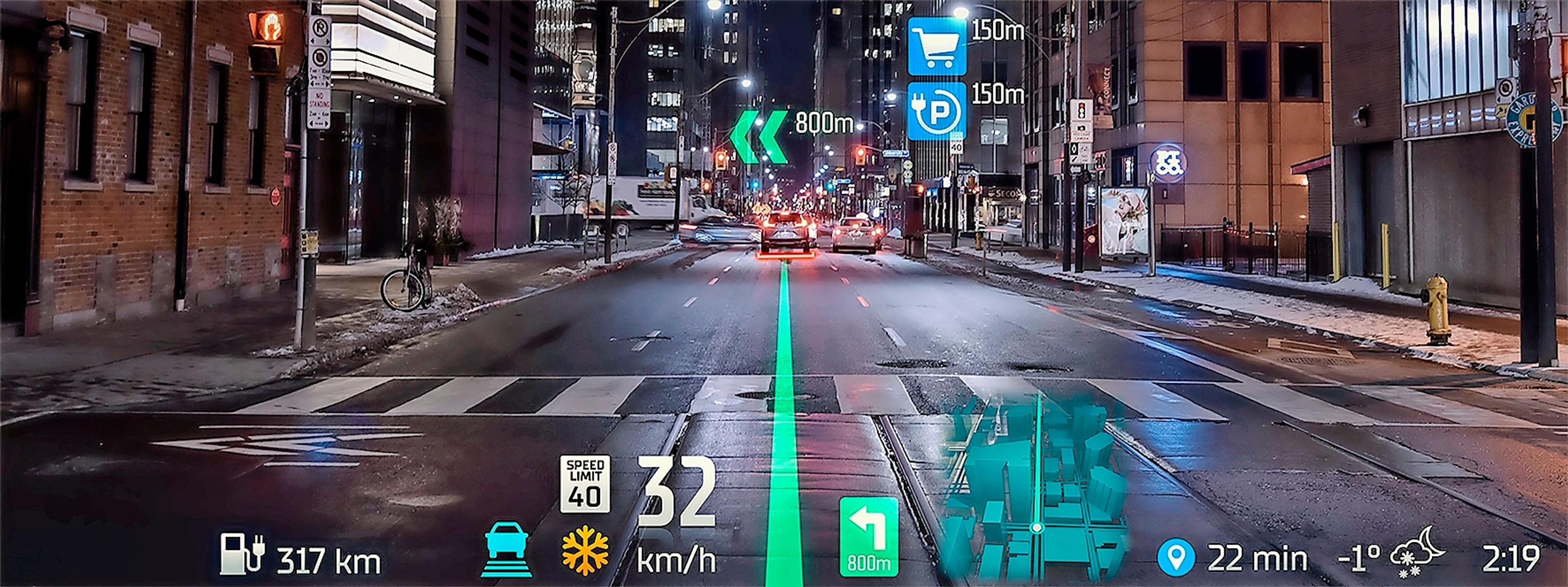 Lisätty todellisuus ja liikenneturvallisuus: Tekniikka auttaa kuljettajaa keskittymään oleelliseen lisäämällä tuulilasin läpi näkyvään tilanteeseen virtuaalisen todellisuuden elementtejä.