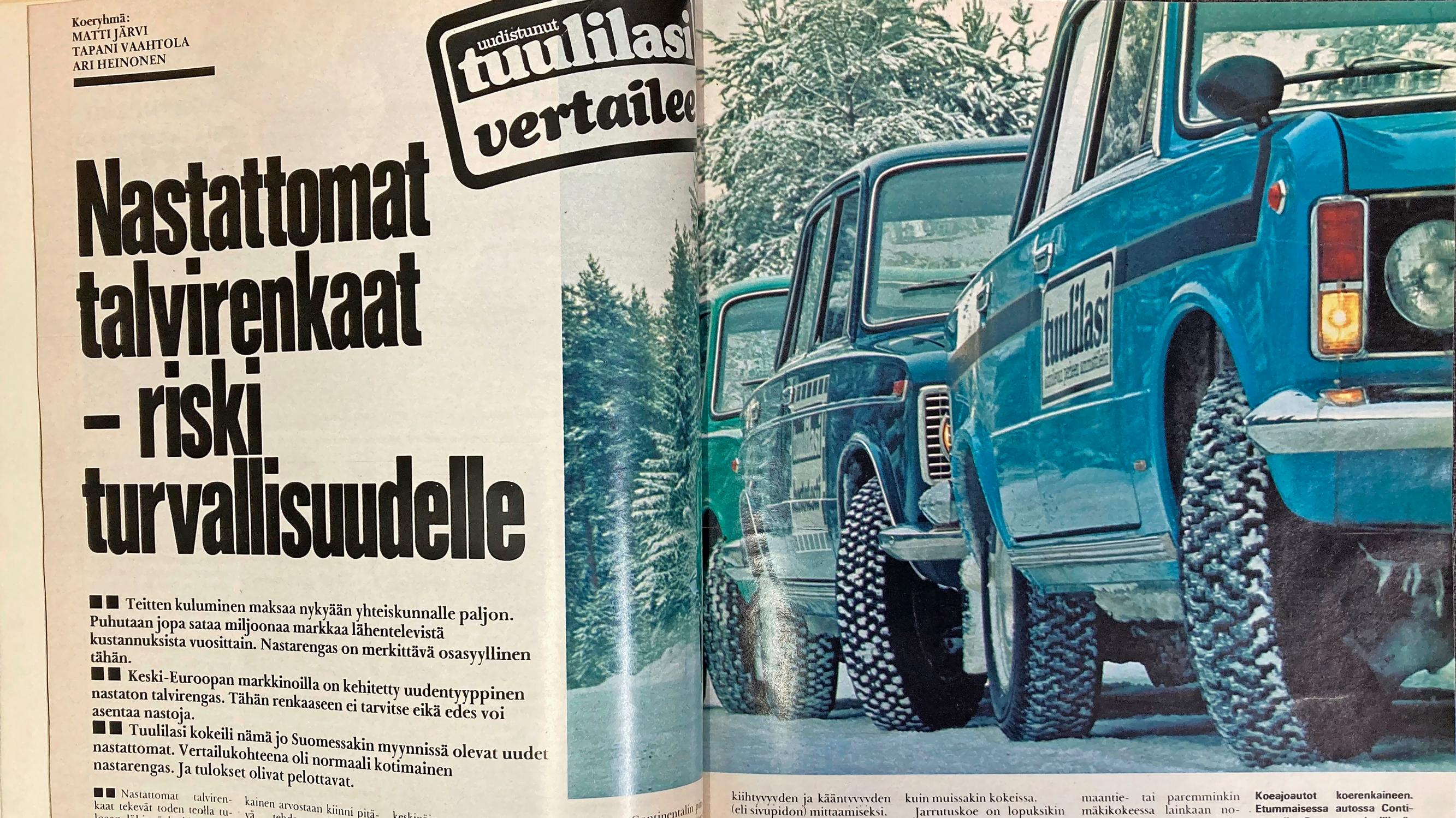 Tuulilasi 1974: ”Nastattomat talvirenkaat – riski turvallisuudelle – seurauksena teiden kiillottuminen”
