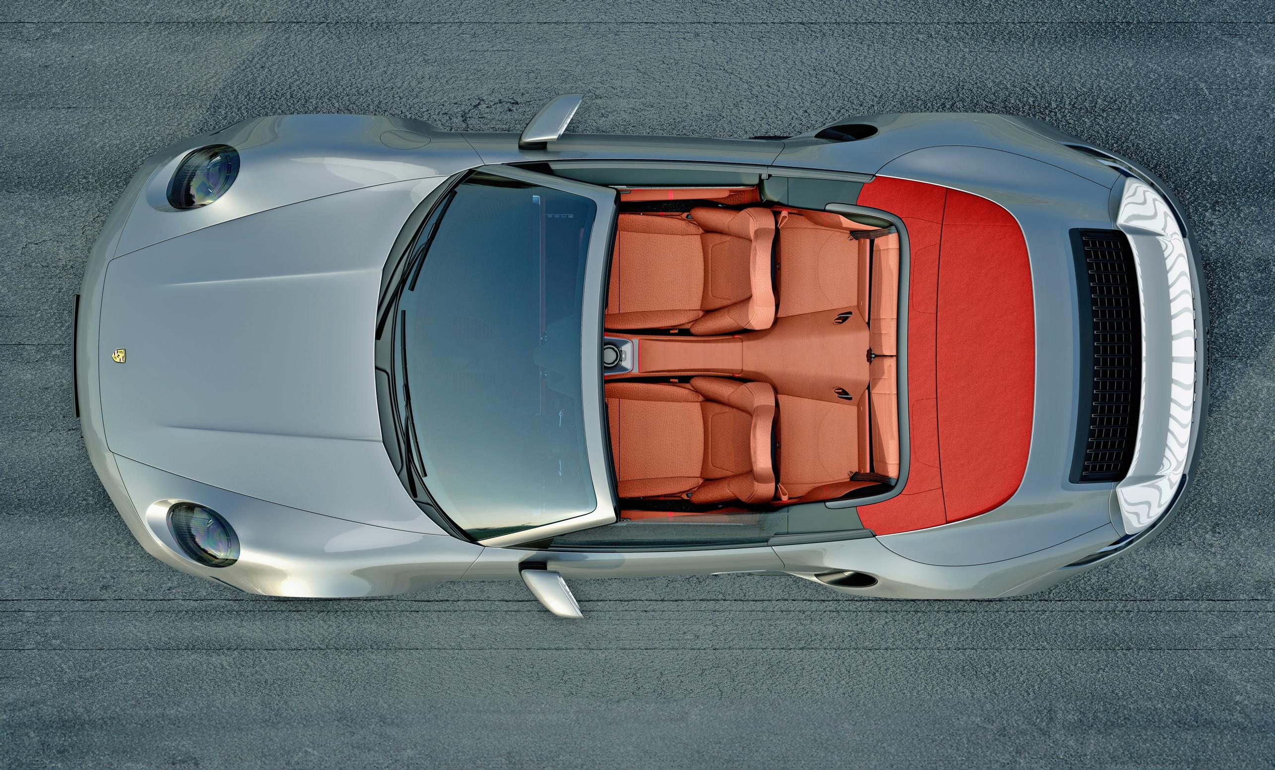 Porsche 911. Lintuperspektiivi paljastaa, että Porkerin takaistuin on kooltaan olematon, mutta hällä väliä!